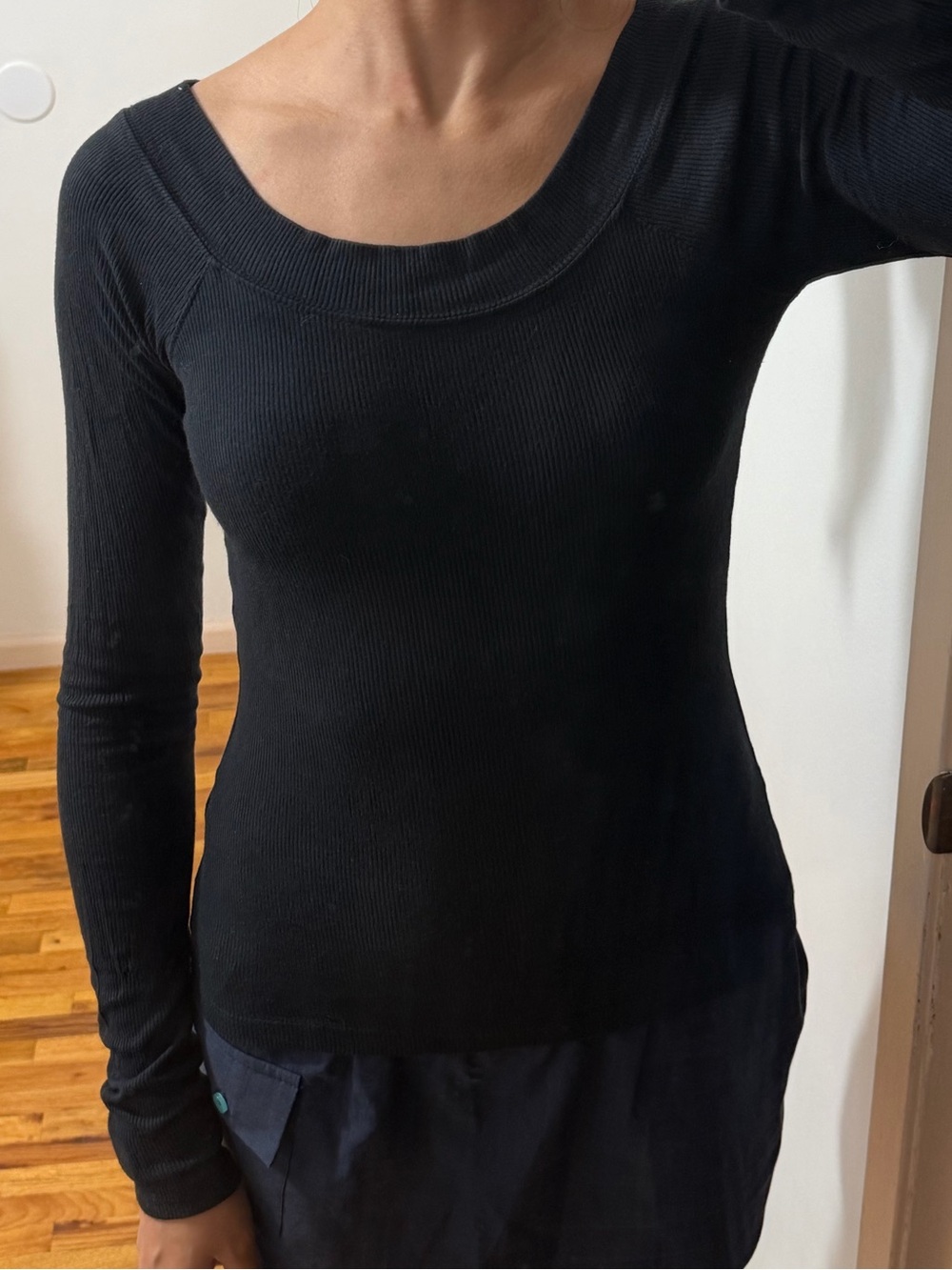 BDG Black Ribbed Long-Sleeve Scoop Neck Top